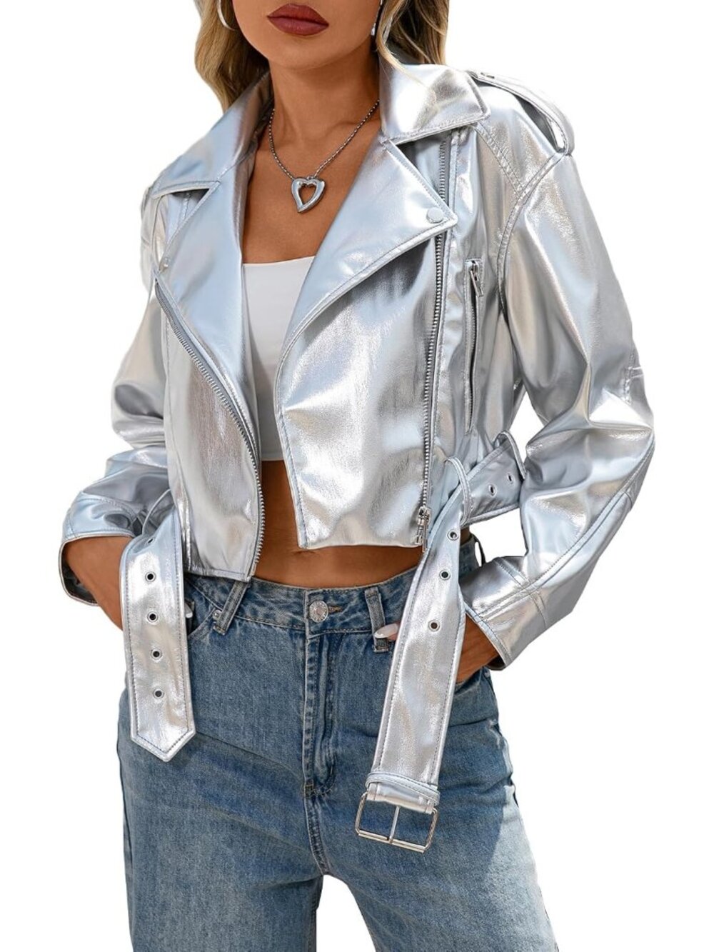 Women's Silver Long Sleeve Coat Fall Belt Faux Leather Winter Cropped Jacket
